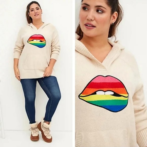 torrid Sweaters - Torrid RAGLAN HOODIE SWEATER - RAINBOW LIPS OATMEAL